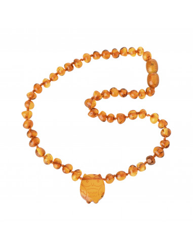 Cognac Baroque Polished Amber Beads Necklace for Child with Owl  Pendant
