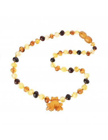 Necklace for Child made from Multi Color Baroque Polished Amber Beads with Frog Pendant.