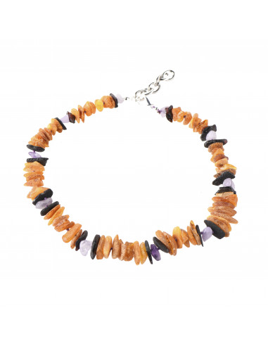Cherry & Cognac & Honey Raw Amber and Amethyst Beads Pet Collar with Adjustable Chain