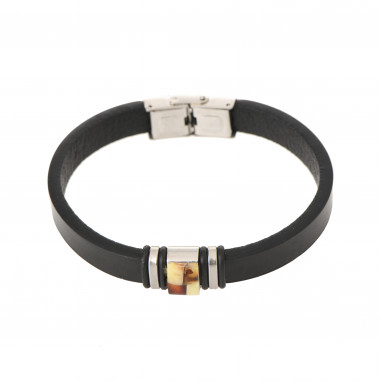 Black Leather & Mosaic Amber Adult Bracelet