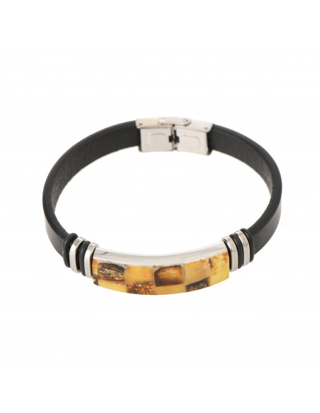 Black Leather & Mosaic Amber Adult Bracelet