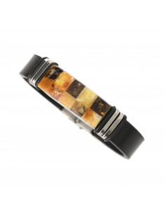 Black Leather & Mosaic Amber Unisex Bracelet