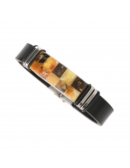 Black Leather & Mosaic Amber Unisex Bracelet