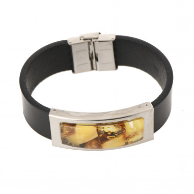 Black Leather & Mosaic Amber Unisex Bracelet