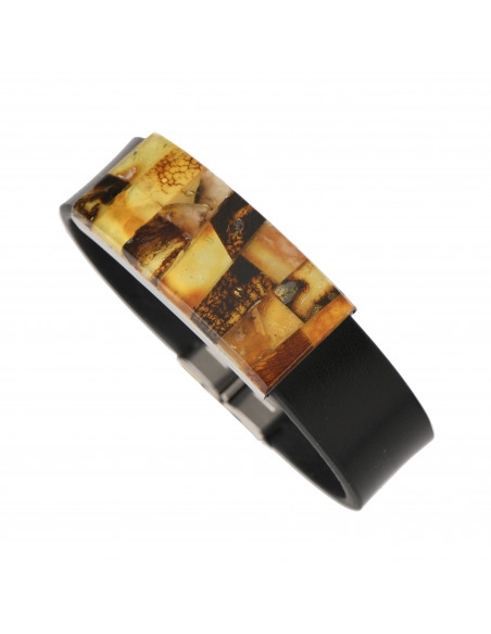 Black Leather & Mosaic Amber Unisex Bracelet