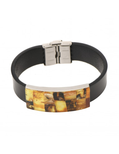 Black Leather & Mosaic Amber Unisex Bracelet
