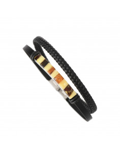 Black Leather & Mosaic Amber Adult Bracelet