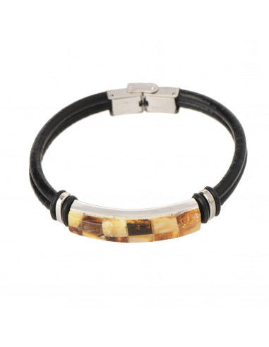 Double Black Leather & Mosaic Amber Adult Bracelet