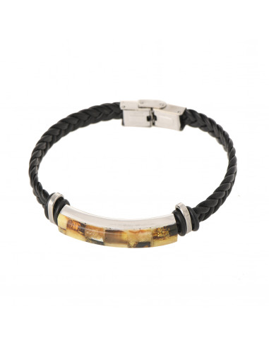 Black Braided Leather & Mosaic Amber Adult Bracelet