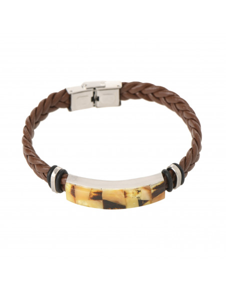 Brown Braided Leather & Mosaic Amber Adult Bracelet