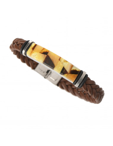 Brown Braided Leather & Mosaic Amber Adult Bracelet
