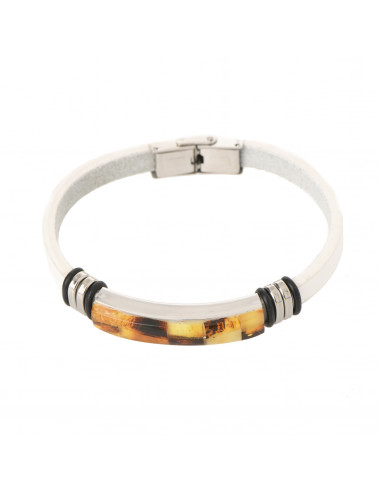 White Leather Strap & Mosaic Amber Unisex Bracelet