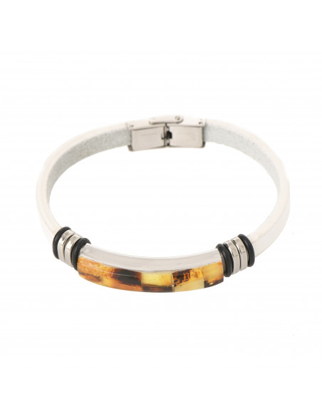 White Leather Strap & Mosaic Amber Unisex Bracelet