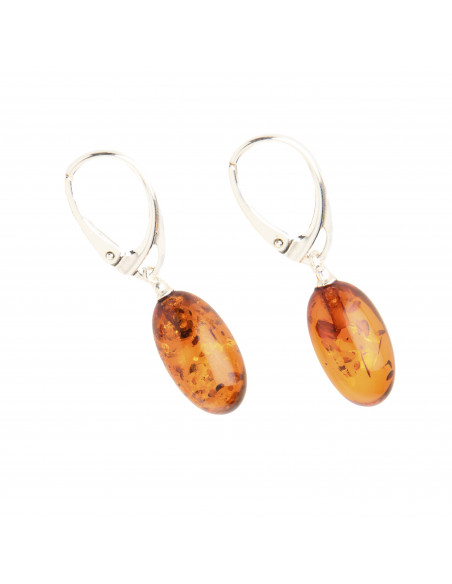 Cognac Polished Amber Drop Earrings with 925 Sterling Silver