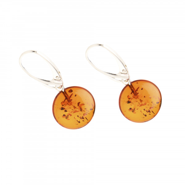 Cognac Polished Round Baltic Amber Drop Earrings with 925 Sterling Silver