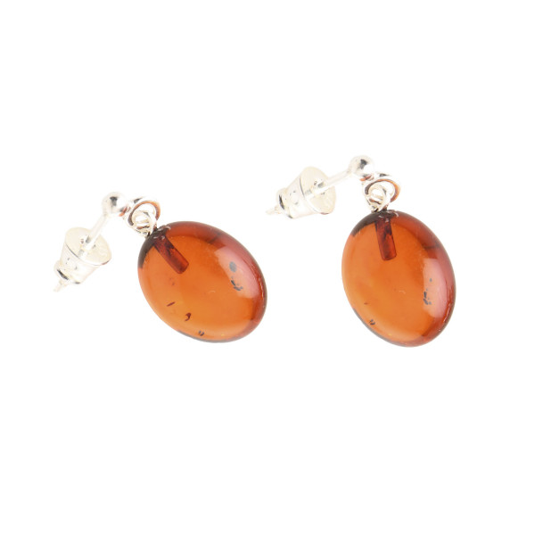 Cognac Polished Amber Drop Earrings with 925 Sterling Silver