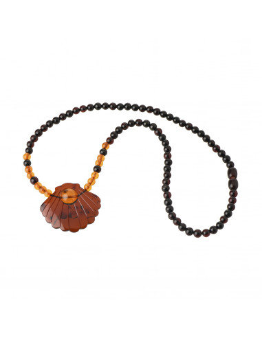 Polished Cherry and Cognac Amber Necklace with Shell Pendant